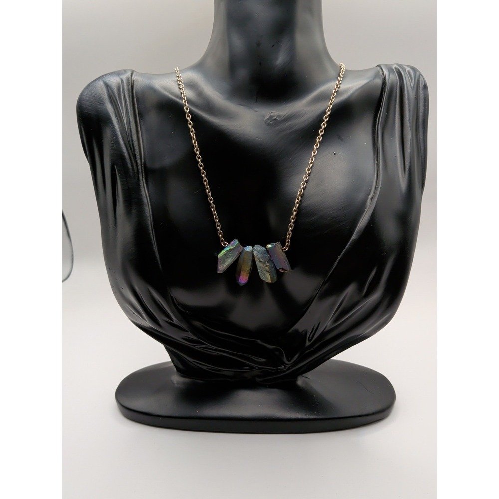 Silver Toned Chain Necklace With Aura Quartz Crystal Pendant